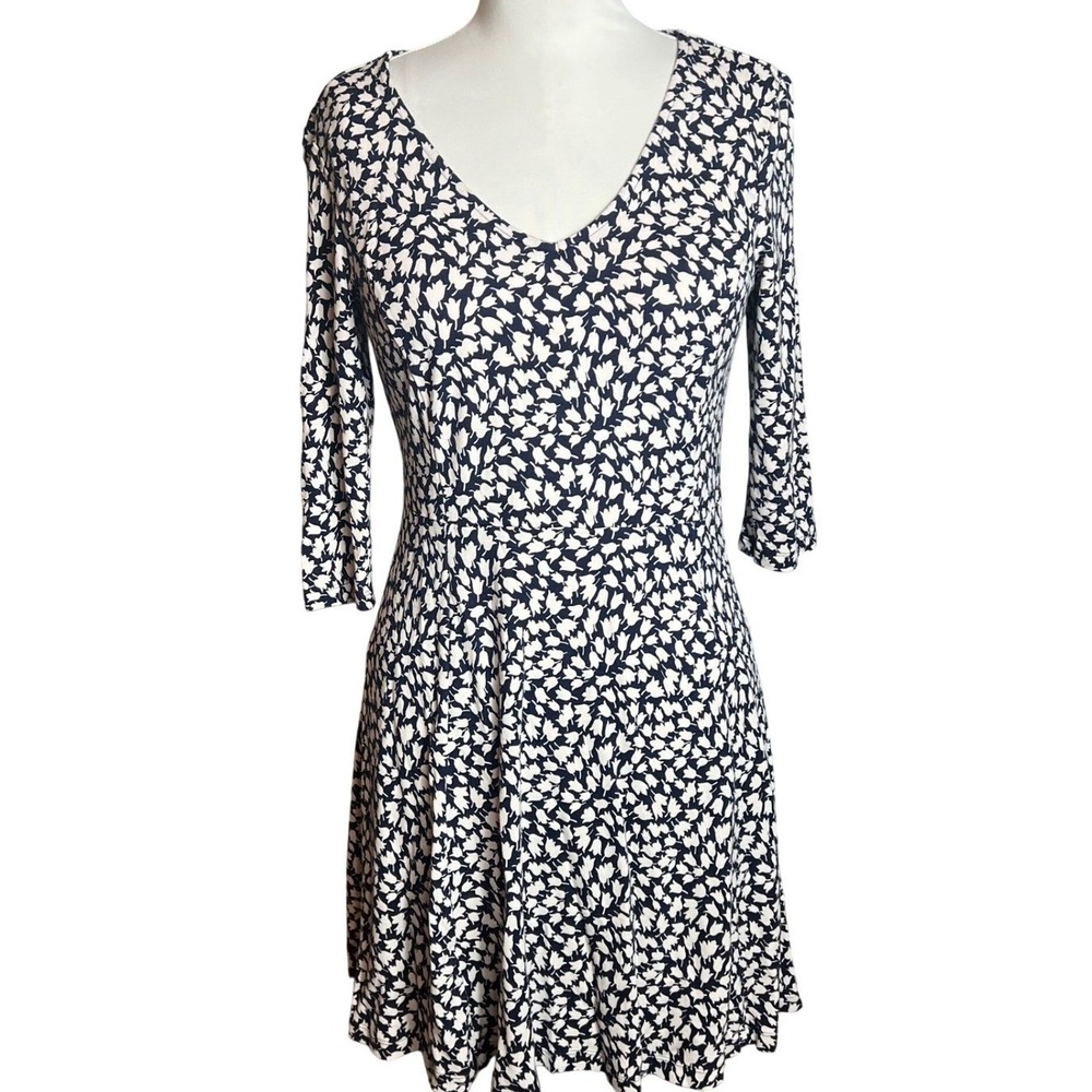Lark & Ro Black White Floral Tulip V-Neck Fit Flare Dress Large 3/4 Sleeve